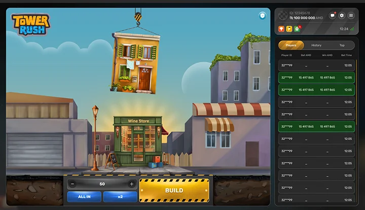 Tower Rush game running in a desktop browser: a building is lifted onto the tower above a Build button